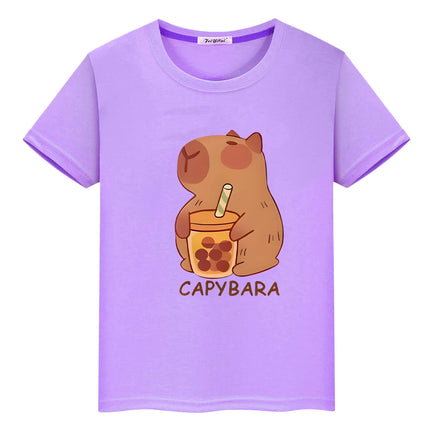 Capybara drinks milk tea print anime Short t shirt for kids boy 10year y2k one piece 100%Cotton Tops pride tshirt girls clothes
