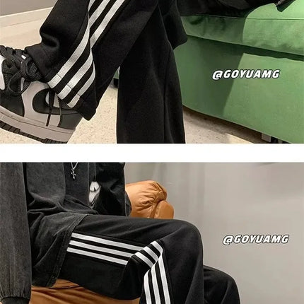 American Style High Street Pants Men's Fall Winter Trendy Brand Fleece-Lined Casual Sports Striped Waist-Defining Loose Fit Vers