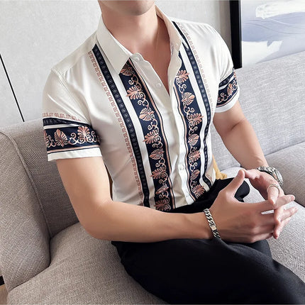 2023 Summer New Fashion Short Sleeve Print Shirt Men Slim Fit Business Social Party Dress Shirts Streetwear Plus Size 6XL-M