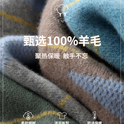 Autumn Winter New 100% Merino Wool Thick Warm Men's Round Neck Sweater Knitted Pullover Contrasting Clothing Long Sleeves coat