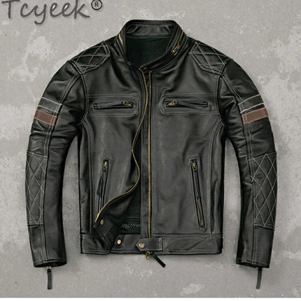 Tcyeek Genuine Leather Jacket Men Top Layer Cowhide Coats Spring Autumn Leather Coat Mens Moto & Biker Jackets Jaqueta Masculina