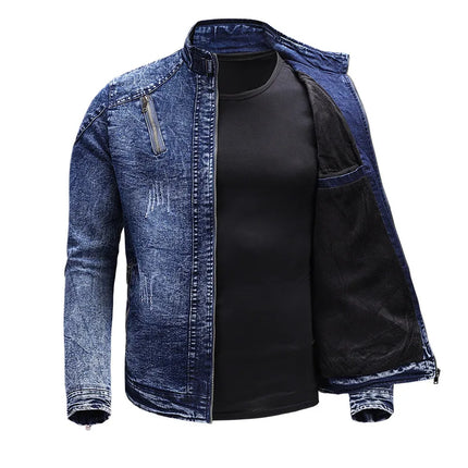 New Motorcycle Denim Jacket Men Retro Zippers Stand Collar Denim Coats Mens Cotton Slim Fit Denim Jacket Moto Biker Outerwear