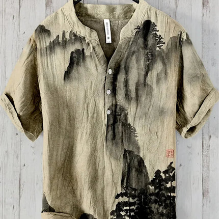 New pine tree landscape 3D printing stand collar short sleeve shirt foreign trade fashion casual loose bamboo fiber linen shirt