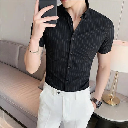 High Quality Pinstripe Casual Shirts  For Men 2024 Summer Slim Fit Business Social Elastic Social Party Shirt Plus Size 4XL-M