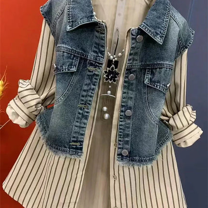 Fashion Design Sense Striped Denim Jackets Shirt Women's Spring Summer 2025 New cowboy Splicing Fake Two Pieces Shirt Coat Top W