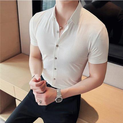 2024 Summer High Elasticity Seamless Short Sleeve Shirts Fashion Stripes Men Business Formal Wear Slim Fit Casual Dress Shirt