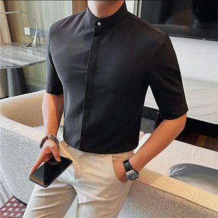 Summer New Standing Collar Half Sleeve Shirts For Men Invisible Button Up Design Slim Casual Business Social Shirt Club Outfits
