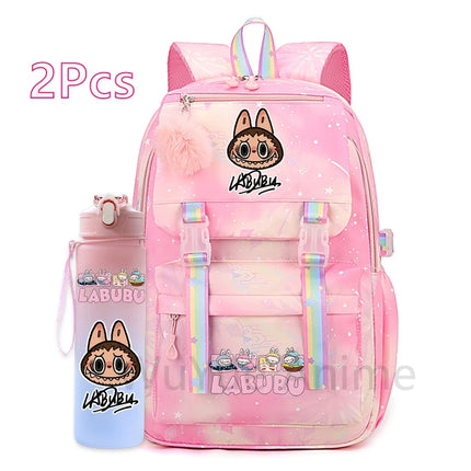 2Pcs/set Cute Cartoon Backpack with 750Ml Outdoor Sports Water Bottle Student Girl Boy Schoolbag Large Capacity Travel Bag Gift