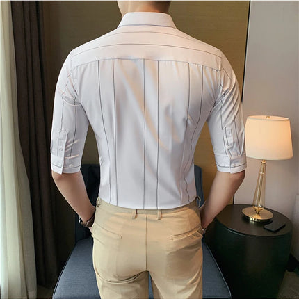 Black/White Summer Half Sleeve Striped Shirts Men 2023 Fashion Business Slim Fit Casual Blouse Social Tuxedos Plus Size 5XL-M