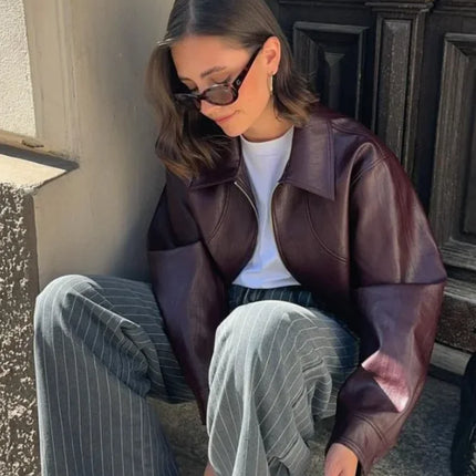 Women Red Wine Leather Short Jackets With Belt Vintage Turndown Collar Long Sleeve Coats 2024 Female Chic Streetwear Cardigan