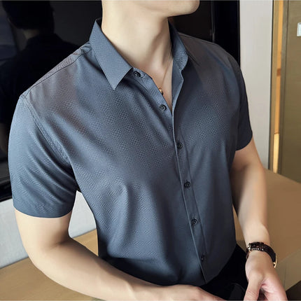 High Quality Ice Silk Elastic Jacquard Shirts 2024 Summer New Men Casual Short Sleeved Slim Fit Business Versatile Shirt 4XL-M