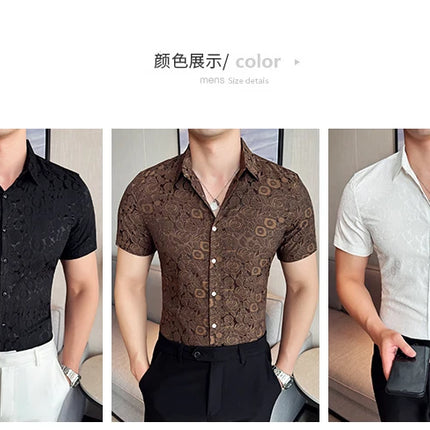 2025 Summer New Flower Shirts Men Short Sleeve Retro Casual Shirts Fashion Versatile Business Slim Social Party Tuxedo Blouse