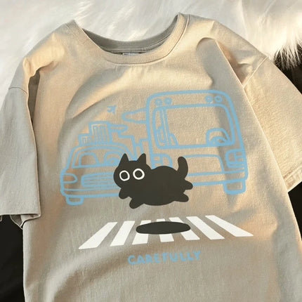 Crossing The Road Cat Cute Cartoon Black Cat Summer Woman Tee Shirt Fitting Soft Leisure Breathable Pleasure Comfort Tops