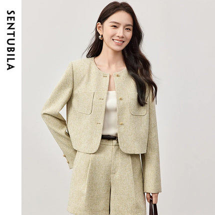 SENTUBILA Spring Women's Jackets 2025 Straight Cropped Office Lady Crewneck Long Sleeve Single Breasted Formal Coat 151W58771