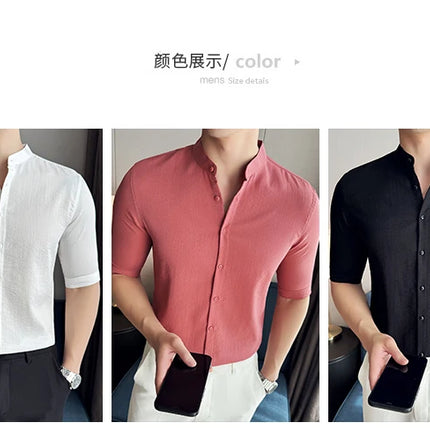 2024 Summer New Chinese Style Linen Shirts Men's Half sleeve Stand-Up Collar Linen Cotton Business Casual Slim Versatile Shirts