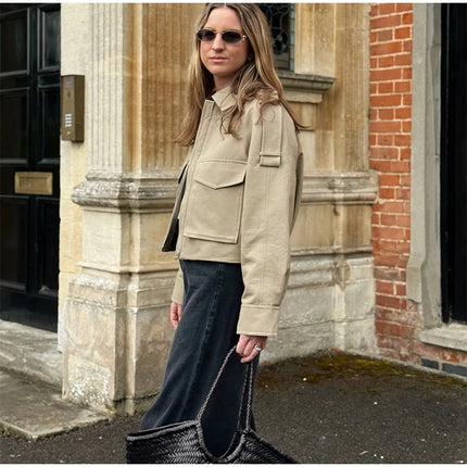 Vintage Women's Short Jacket Pockets Zipper Full Sleeve Khaki Green Thick Coats 2025 Spring Autumn Lady Loose Street Outwear