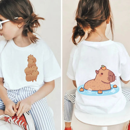 Kawaii Capybara Lovers Kids T-Shirt Short-Sleeved White T-Shirts Cartoon Tees Summer Children Top Crew Neck Children's Clothing