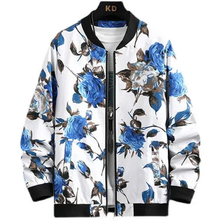White Men's Embroidered Long Sleeve Jacket, Baseball Collar Casual Coat, Asian Size Black Blue Red Outerwear M-5XL
