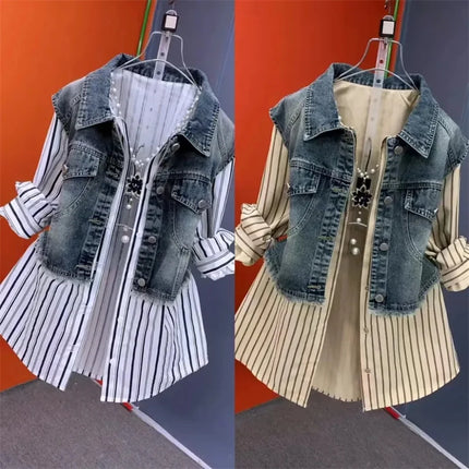 Fashion Design Sense Striped Denim Jackets Shirt Women's Spring Summer 2025 New cowboy Splicing Fake Two Pieces Shirt Coat Top W