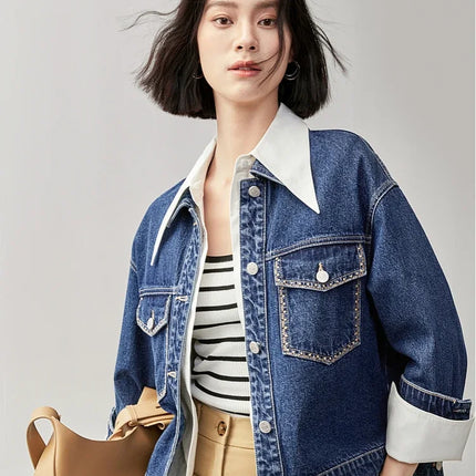 SENTUBILA Embroidery Cotton Denim Jackets for Women 2025 Spring Casual Short Denim Coat Female Long Sleeve Outerwear W43W56028