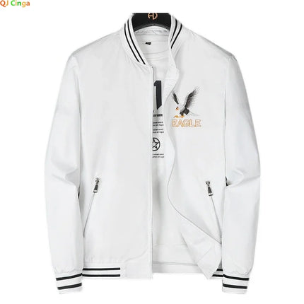 White Men's Embroidered Long Sleeve Jacket, Baseball Collar Casual Coat, Asian Size Black Blue Red Outerwear M-5XL