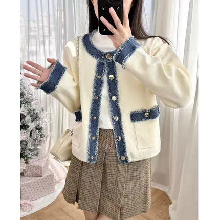 2025 Women's contrast denim patchwork knit jacket pocket o collar single breasted long sleeve women's short white coat 25A084