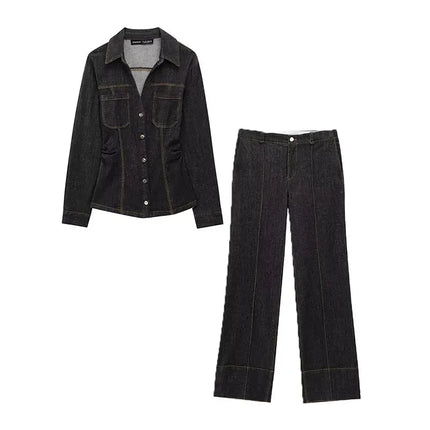 Casual Chic Women Cowboy Suit Slim fit Breasted Shirt Jackets Long Pants Fashion 2025 Spring Denim Suits