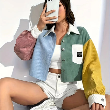 2024 Spring Summer Thin Loose Casual Velvet Color Block Short Jacket Women's Fashion Outerwear Versatile Lightweight Top