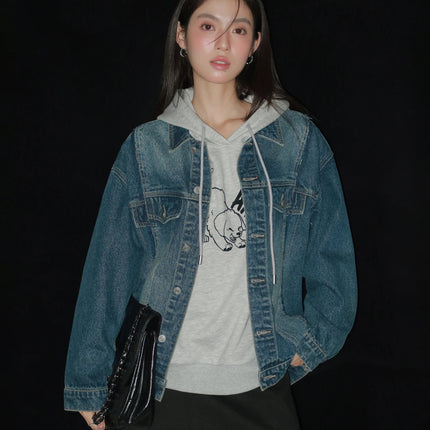Women Retro Washed Denim Jacket Spring 2025 Oversized Drop Shoulder Loose Fit Casual Fashionable Lapel Collar Chic Jean Coat