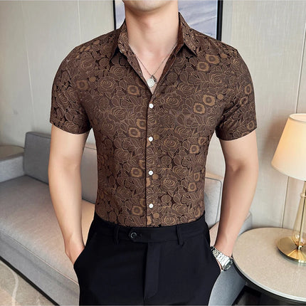 2025 Summer New Flower Shirts Men Short Sleeve Retro Casual Shirts Fashion Versatile Business Slim Social Party Tuxedo Blouse