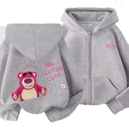 Kids Spring and Autumn Cardigan Men's and Women's Hooded Zipper Top 3-12 Year Old Kids Casual Sports Cardigan Strawberry Bear