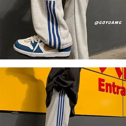 American Style High Street Pants Men's Fall Winter Trendy Brand Fleece-Lined Casual Sports Striped Waist-Defining Loose Fit Vers