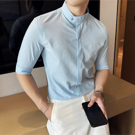 New Chinese Style Stand Up Collar Slim Fit Half Sleeved Shirts Men High Quality Striped Elegant Shirt Summer Social Party Dress