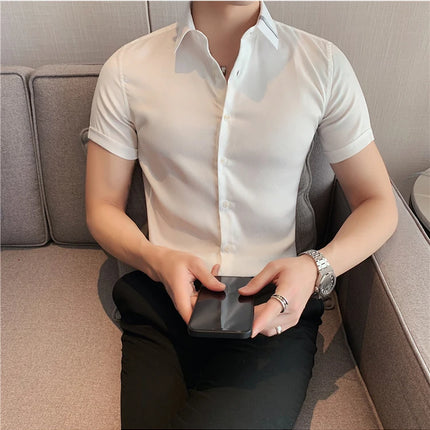 Summer High Quality Striped Ribbon Short Sleeve Shirt Men's Slim Fit Business Formal Wear Blouse Streetwear Plus Size 4XL-M