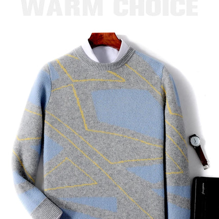 Autumn Winter New 100% Merino Wool Thick Warm Men's Round Neck Sweater Knitted Pullover Contrasting Clothing Long Sleeves coat