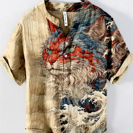 New style simple flower V-neck short-sleeved shirt foreign trade fashion casual loose T-shirt shirt bamboo linen shirt top
