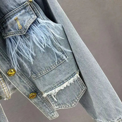 Women's Denim Jacket with Feather Decoration Denim Top, Heavy-duty Willow Nail Irregular Short Denim Coat Top