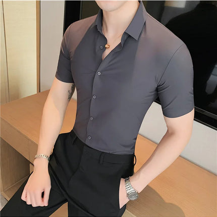 6 Colors Summer Ice Silk No Trace High Elasticity Shirt Men High Quality Short Sleeve Slim Fit Casual Business Dress Shirt 4XL-M