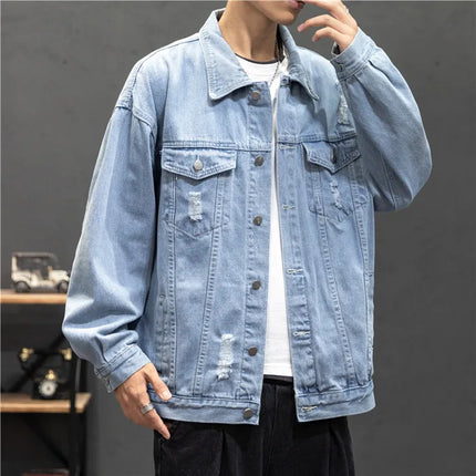 Light Blue Men Denim Jacket, Single Breasted Lapel Casual Coat, Washed Hole Decoration Top,Black,Gray Male Jackets,Asian Size