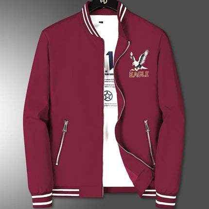 White Men's Embroidered Long Sleeve Jacket, Baseball Collar Casual Coat, Asian Size Black Blue Red Outerwear M-5XL