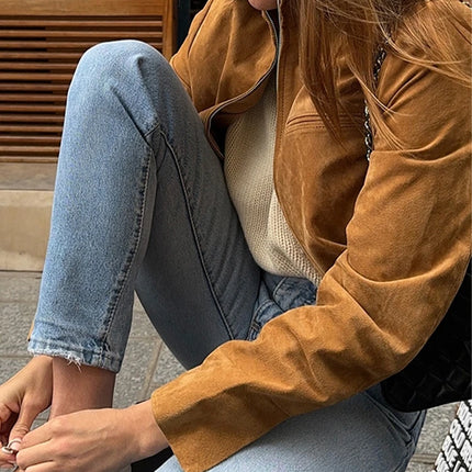 Suede Leather Short Jacket Coat Zipper Stand Collar Vintage Casual Motorcycle Jackets Baggy Front Shoulder Women Outwear Top New