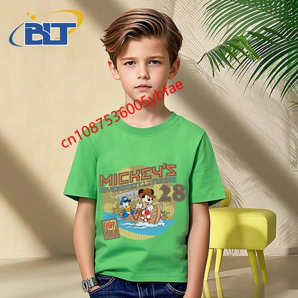 Disney Mickey Mouse and Friends print kids T-shirt pure cotton short-sleeved green top cartoon children's clothing for boys