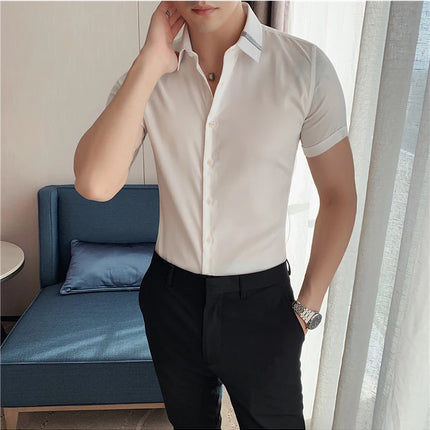 Summer High Quality Striped Ribbon Short Sleeve Shirt Men's Slim Fit Business Formal Wear Blouse Streetwear Plus Size 4XL-M