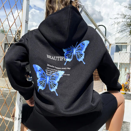 Blue Butterfly Art Letter Slogan Design Women Hoodie Comfortable Pullovers