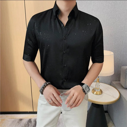 Summer New Powder Shiny Shirts Fashion Men's V-neck Half Sleeve Slim Fit Casual Shirts Social Personality  Top Club Outfits