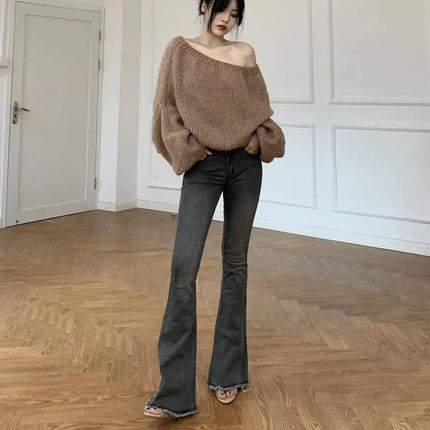 Womens Jeans Flared Trousers Blue Woman Pants Bell Bottom Skinny Slim Fit Low Rise Waist Flare with Pockets Wide Leg Grunge Y2k