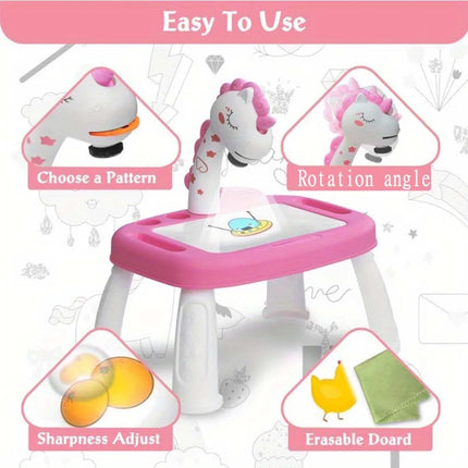 Children's projection painting table, pony shape, graffiti drawing board, electric with music, wipeable drawing board, baby earl