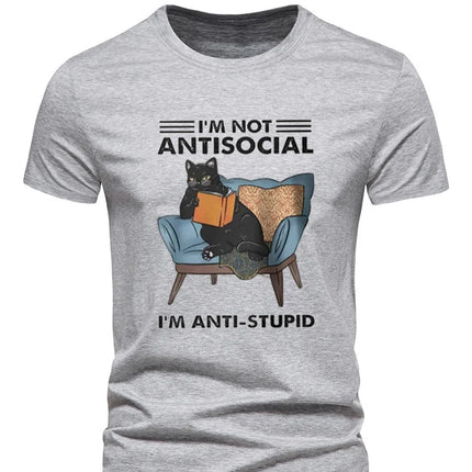 I Am Not Anti Social Letter Print Tshirts Animal Cat Printed Men's T-shirt Summer Loose Casual Tees Streetwear Short Sleeve Tops