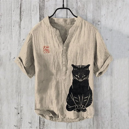 New V-neck red-crowned crane 3D linen printing foreign trade fashion casual loose bamboo linen shirt top