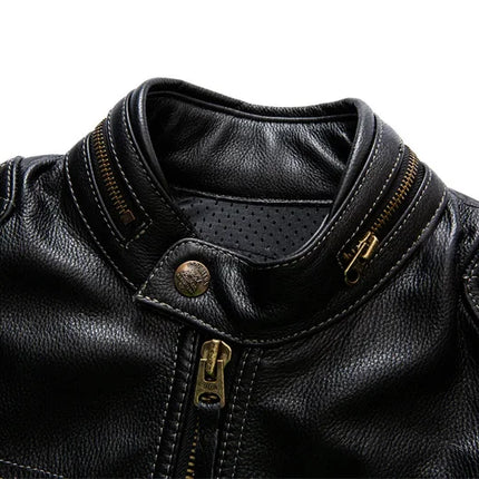2025 first-layer cowhide, genuine leather jacket, stand-up collar trendy jacket, protective rider